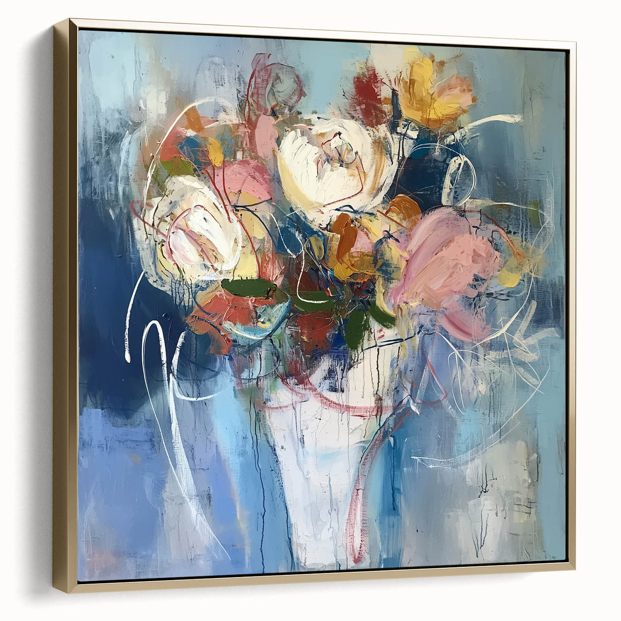 Framed canvas art featuring an abstract floral design in silver and gold tones, perfect for modern decor, showcasing elegant textures and vibrant colors.