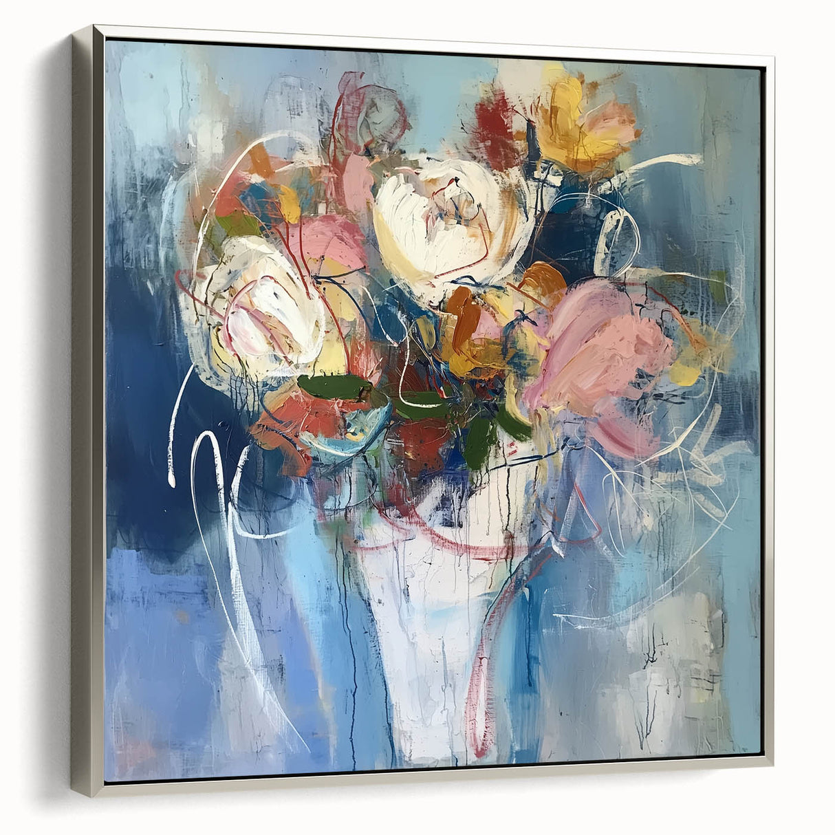 Framed canvas artwork showcasing abstract floral designs in vibrant colors, accented with a sleek silver frame, ideal for modern home decor.