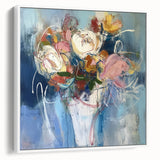 Abstract floral design on a framed canvas, showcasing vibrant colors with a white border. Perfect for enhancing modern home decor and adding a touch of elegance.