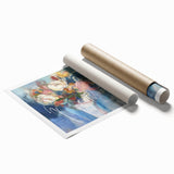 Abstract floral design rolled print showcasing vibrant colors and intricate patterns, ideal for home decor. Packaged securely in a sturdy cardboard tube for delivery.