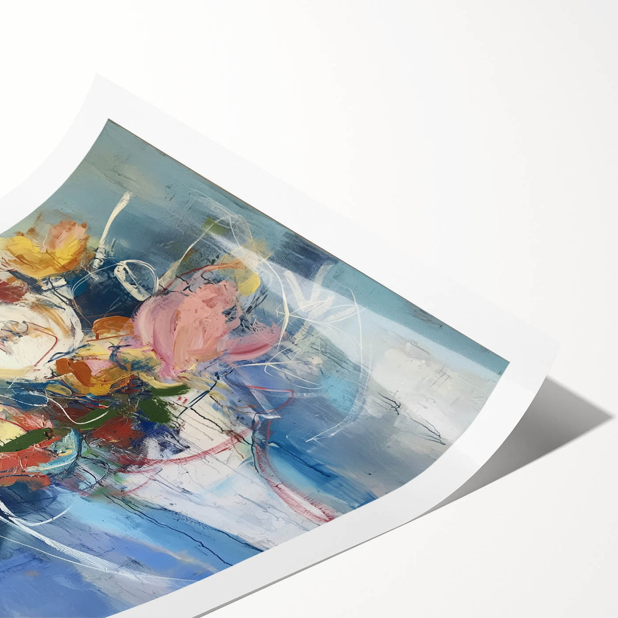 Abstract floral rolled print featuring vibrant watercolor blooms in shades of pink, blue, and green, elegantly packaged in a protective cardboard tube for easy transport and display. Perfect for home decor or art enthusiasts looking to enhance their space with a touch of nature-inspired elegance.