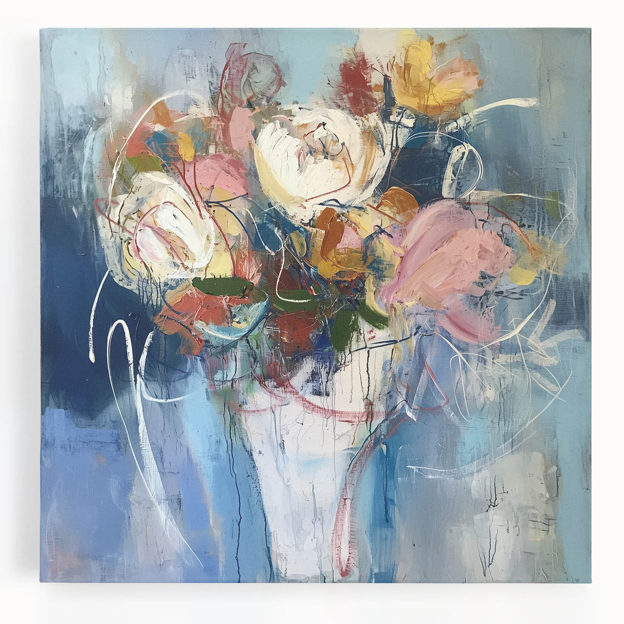 Abstract floral design stretched canvas artwork showcasing vibrant colors and intricate patterns, perfect for adding a touch of elegance to home decor.
