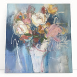 Abstract floral design stretched canvas artwork featuring vibrant colors and intricate patterns, leaning against a neutral wall, perfect for home decor enhancement.