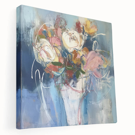 Abstract floral design stretched canvas artwork showcasing vibrant colors and intricate patterns, displayed elegantly from the side to highlight its depth and texture. Perfect for enhancing home decor with a modern artistic touch.