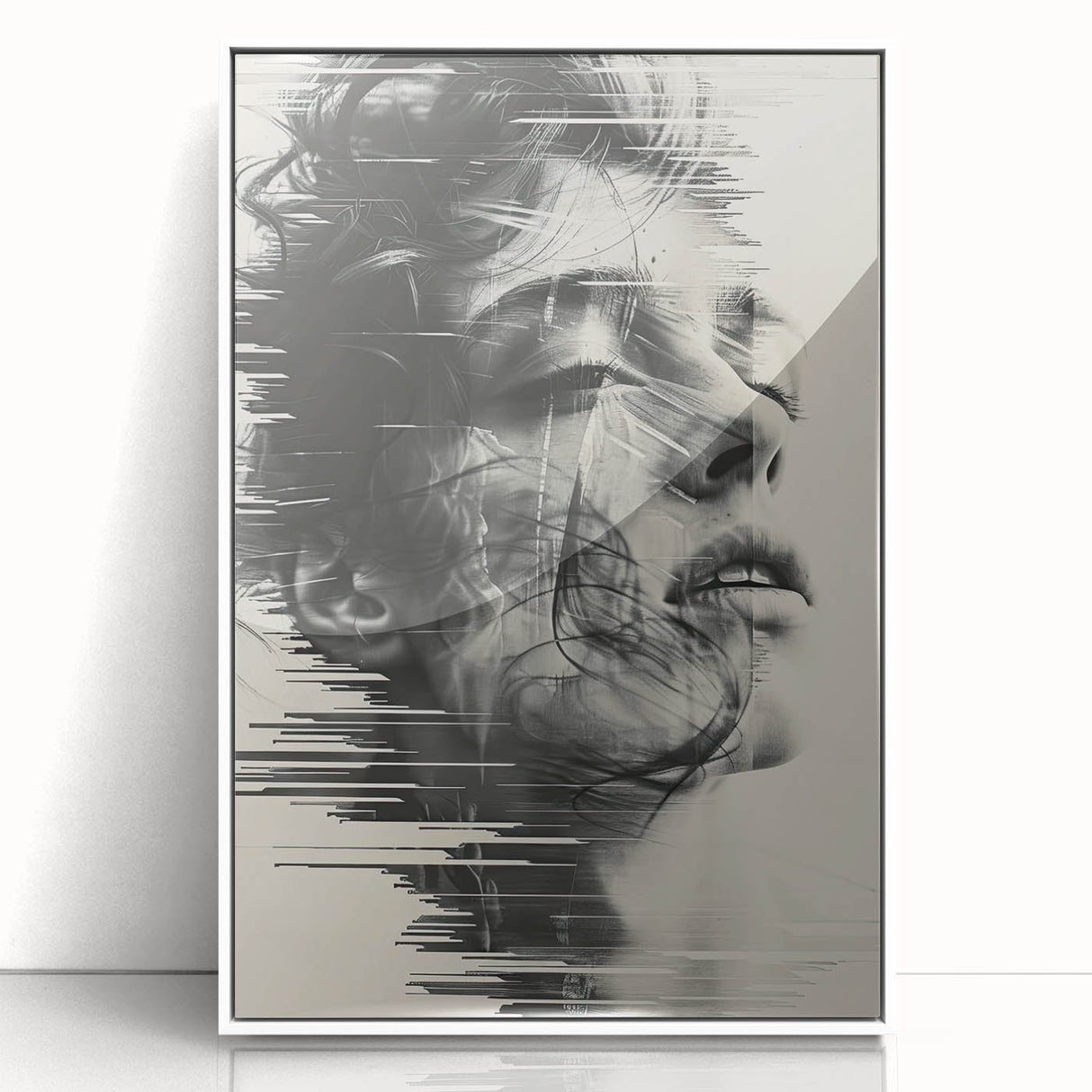 Framed abstract minimalist wall art with a white acrylic front, showcasing geometric patterns in soft pastel colors, perfect for modern home decor.