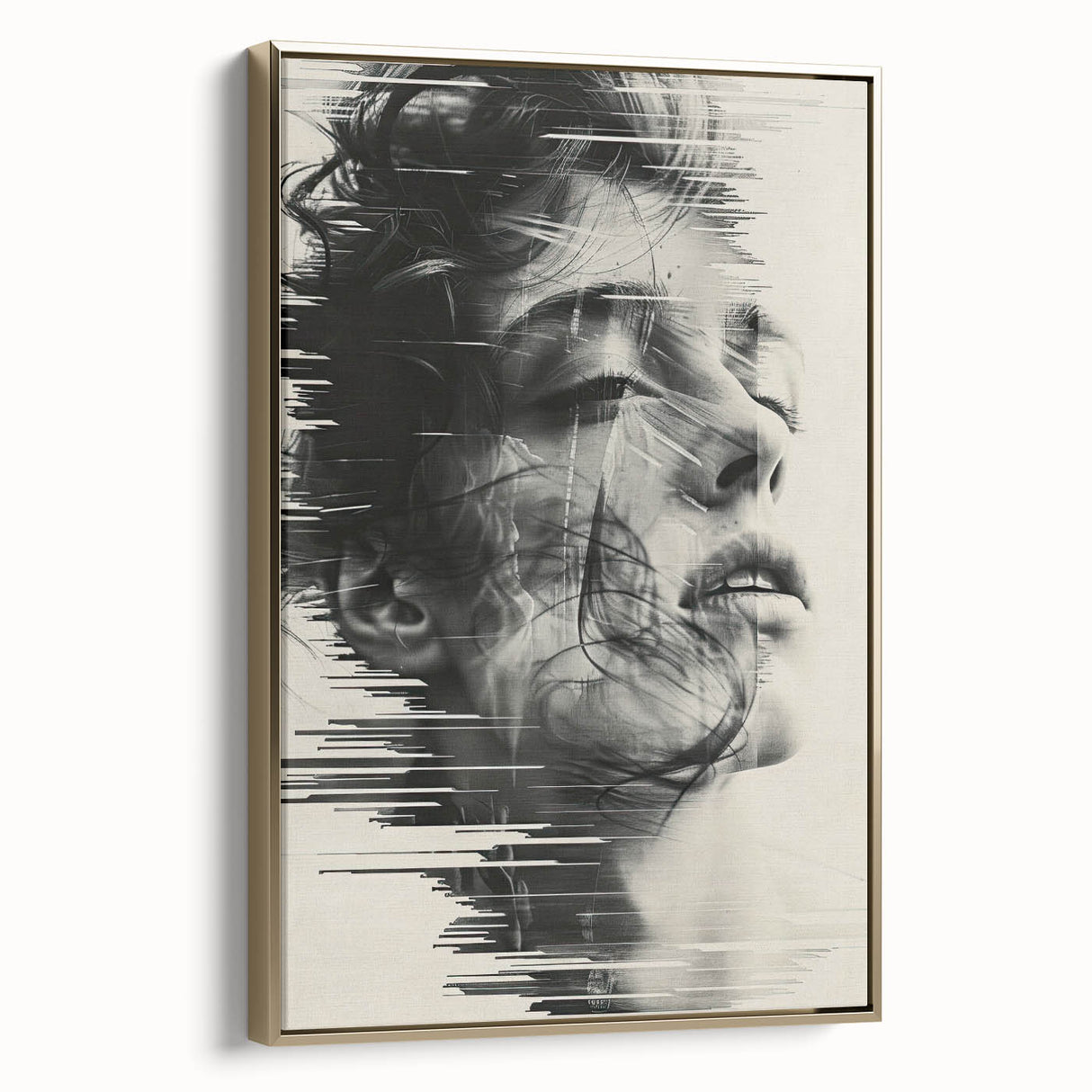 Framed abstract minimalist wall art in gold tones, showcasing a sleek design with a side view that emphasizes its elegant structure, perfect for modern decor.