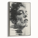 Abstract minimalist wall art displayed in a sleek silver frame, showcasing geometric shapes in soft neutral tones, perfect for modern home decor.