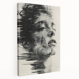 Abstract minimalist wall art on stretched canvas, showcasing vibrant geometric shapes in shades of blue and orange, ideal for modern home decor.