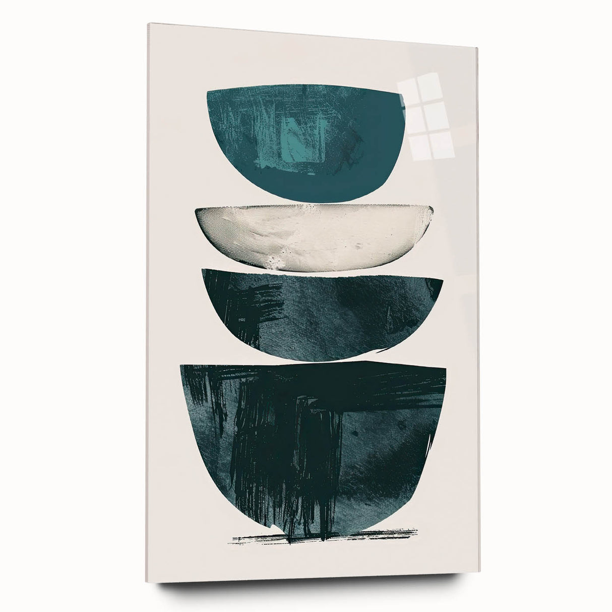 Abstract minimalist wall art design displayed in a sleek acrylic frame, showcasing a vibrant color palette and clean lines, ideal for modern interiors. The side view highlights the depth and elegance of the piece, perfect for enhancing contemporary decor.