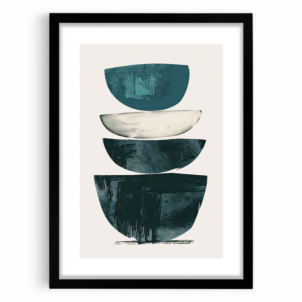 Abstract minimalist wall art framed in black, showcasing geometric shapes in muted tones, designed to enhance modern interior decor aesthetics.