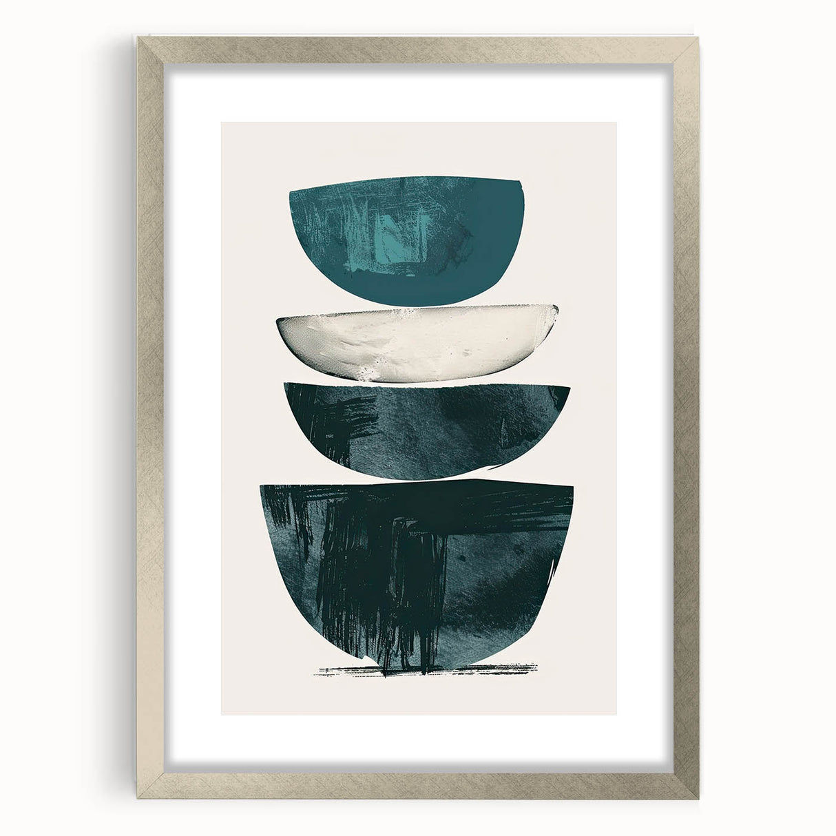 Abstract minimalist wall art featuring geometric shapes in soft pastel colors, framed in a sleek silver frame with a white mat, ideal for modern home decor.