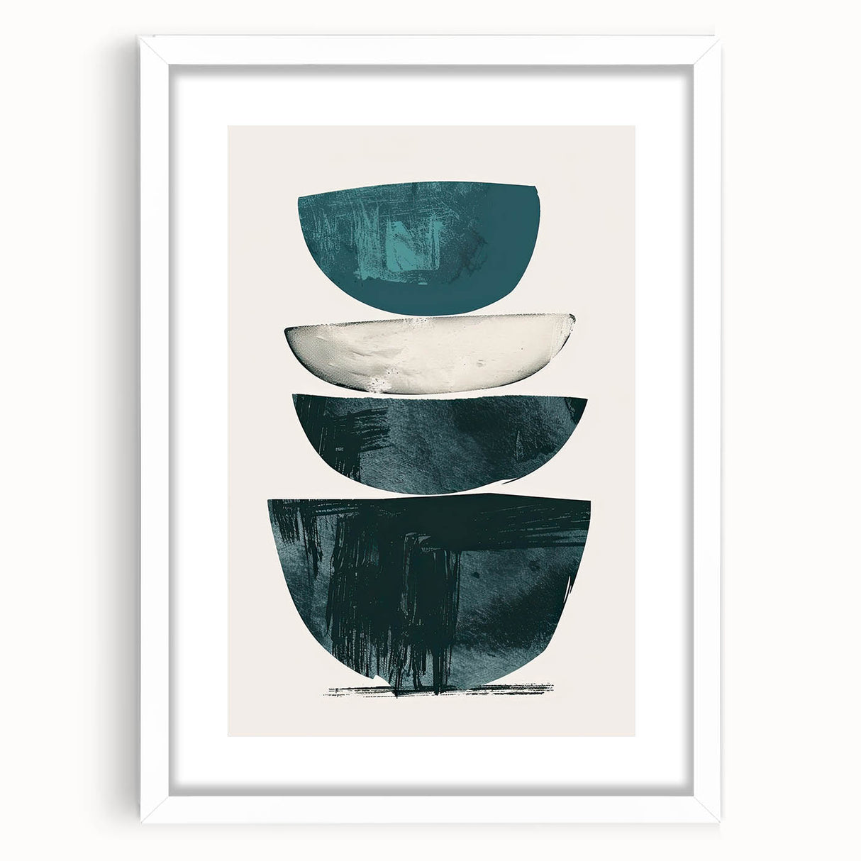 Abstract minimalist wall art framed in white with a mat, showcasing geometric shapes in soft pastel colors, perfect for modern home decor.