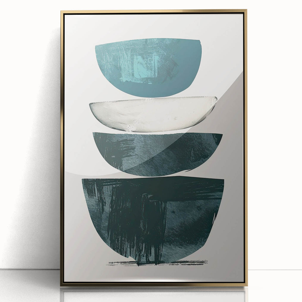 Framed abstract minimalist wall art piece with gold accents, showcasing a sleek design against a neutral background, ideal for modern decor.