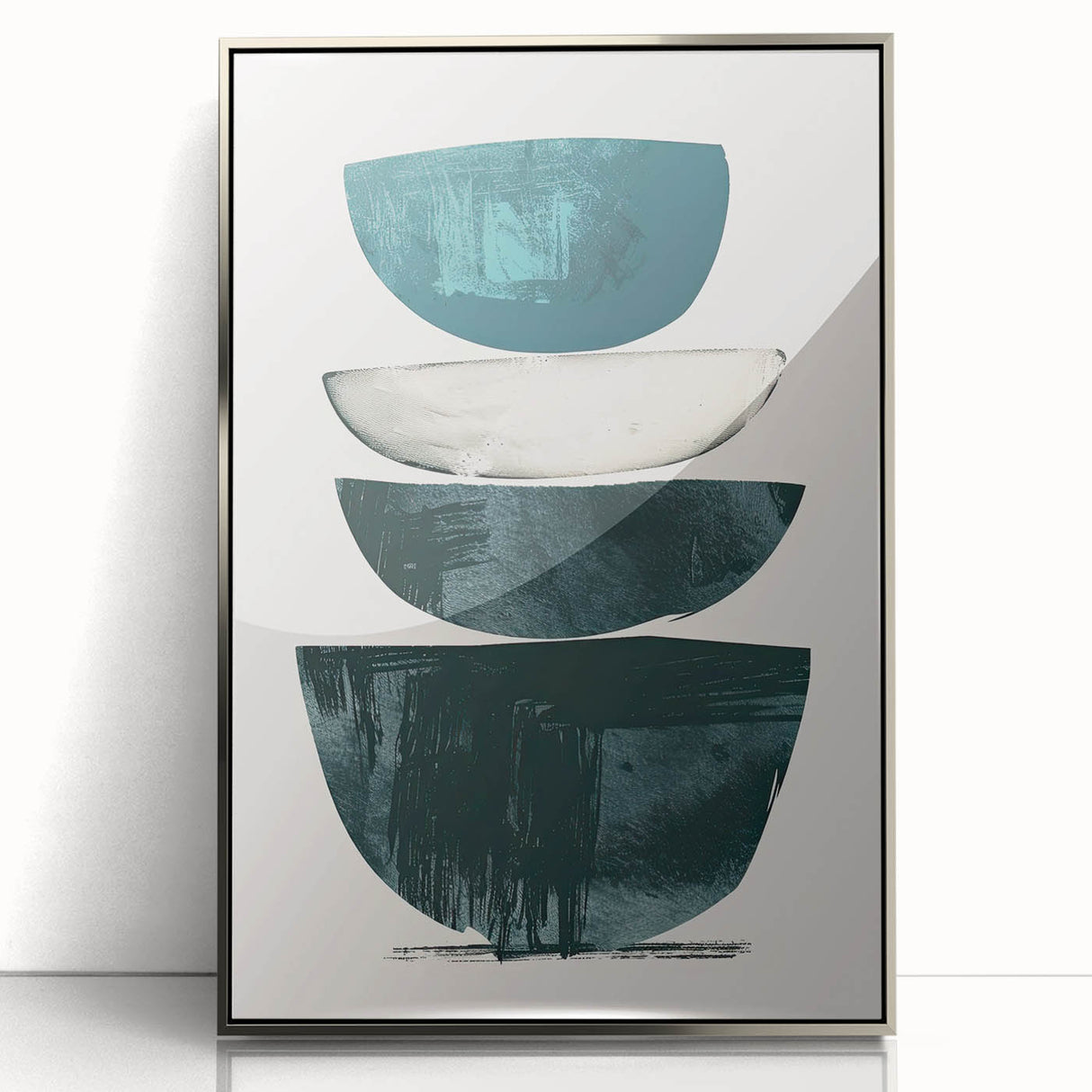 Framed minimalist abstract wall art in silver acrylic, showcasing geometric shapes and subtle textures, perfect for modern home decor. This artwork adds elegance and sophistication to any room setting.