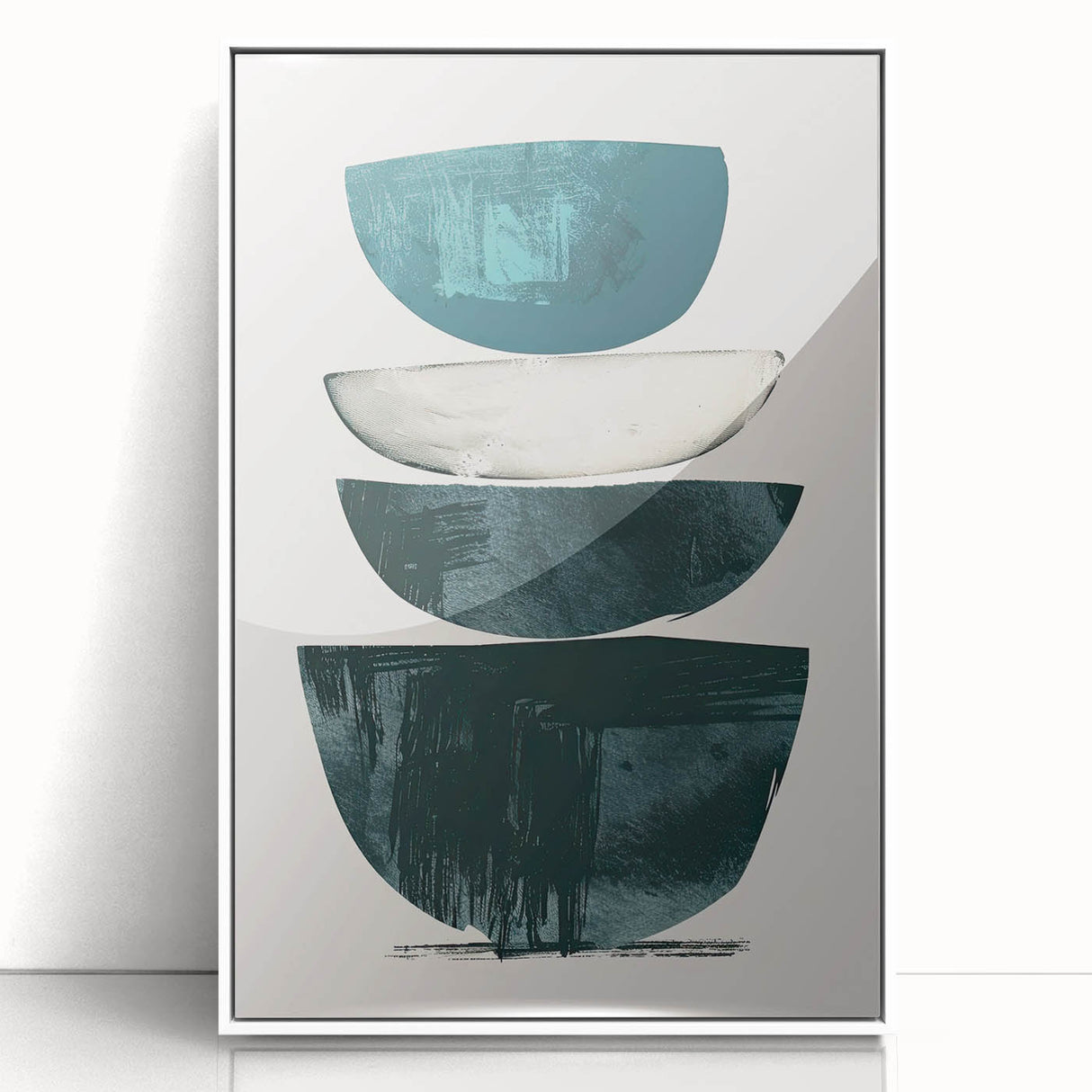 Framed minimalist wall art featuring an abstract design in soft white tones, perfect for modern home decor. The artwork showcases a sleek acrylic frame, enhancing the contemporary aesthetic.
