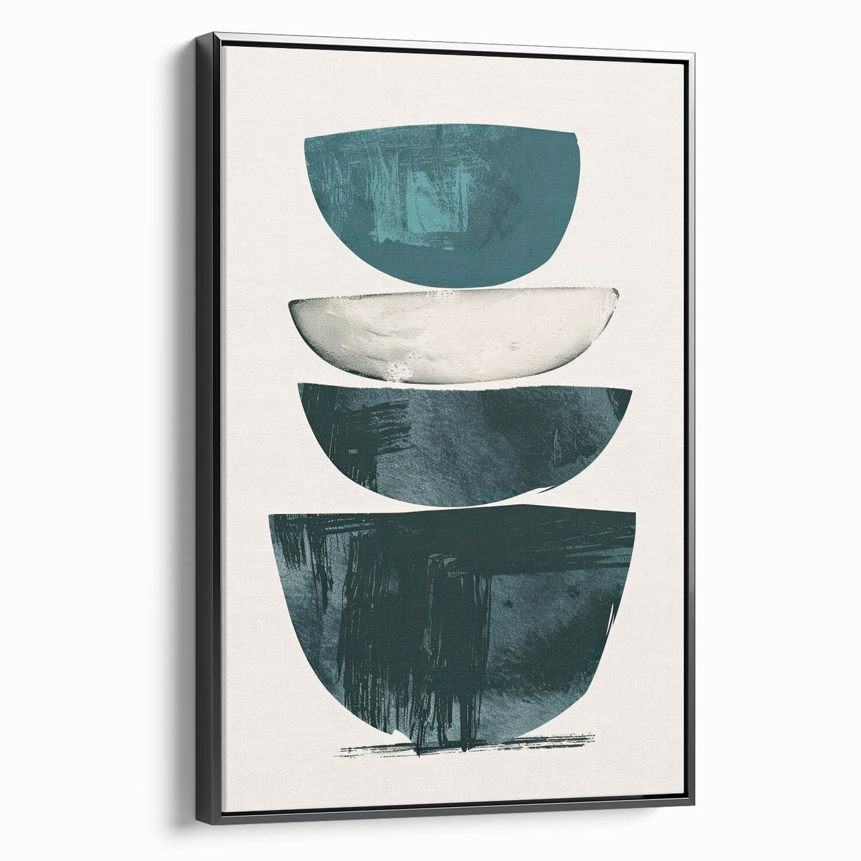 Abstract minimalist wall art featuring a black-framed canvas with geometric shapes, displayed in a stylish setting, ideal for contemporary home decor.