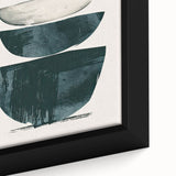 Close-up of framed abstract minimalist wall art on canvas, showcasing soft pastel colors and geometric shapes, perfect for modern home decor.