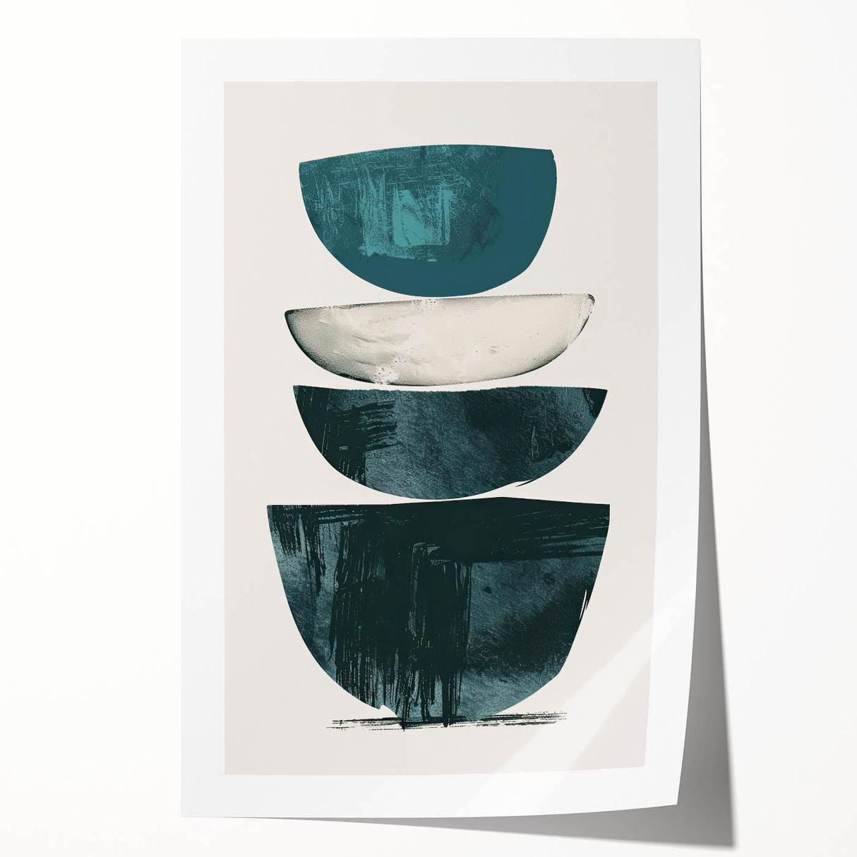 Abstract minimalist wall art print showcasing soft pastel colors and geometric shapes, elegantly rolled in a protective cardboard tube for shipping.