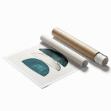 Abstract minimalist wall art print showcasing soft pastel colors and geometric shapes, elegantly rolled and ready for display, packaged in a protective cardboard tube.
