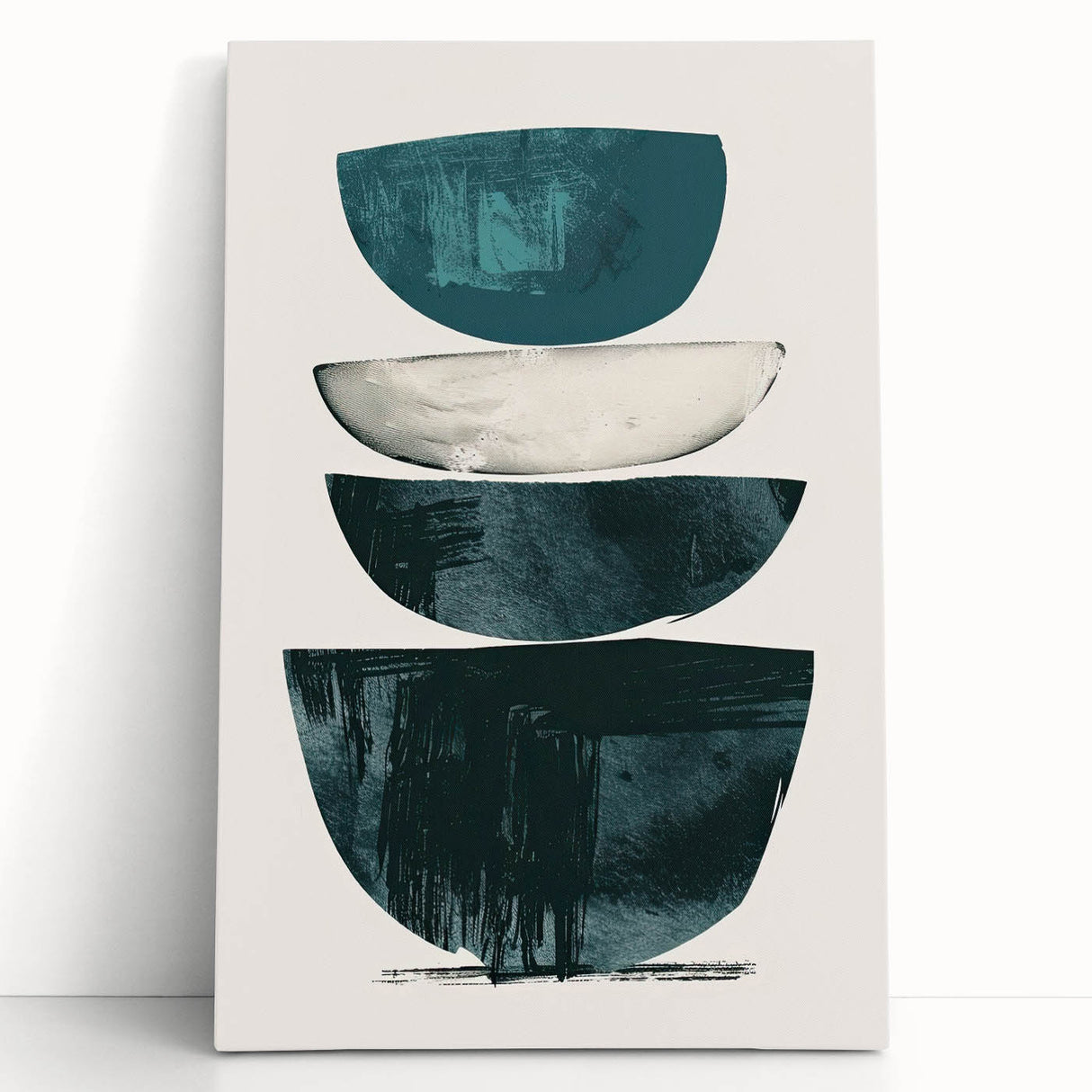 Abstract minimalist wall art on a stretched canvas, featuring soft pastel colors and geometric shapes, elegantly leaning against a white wall. Ideal for modern home decor.