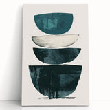 Abstract minimalist wall art on a stretched canvas, featuring soft pastel colors and geometric shapes, elegantly leaning against a white wall. Ideal for modern home decor.
