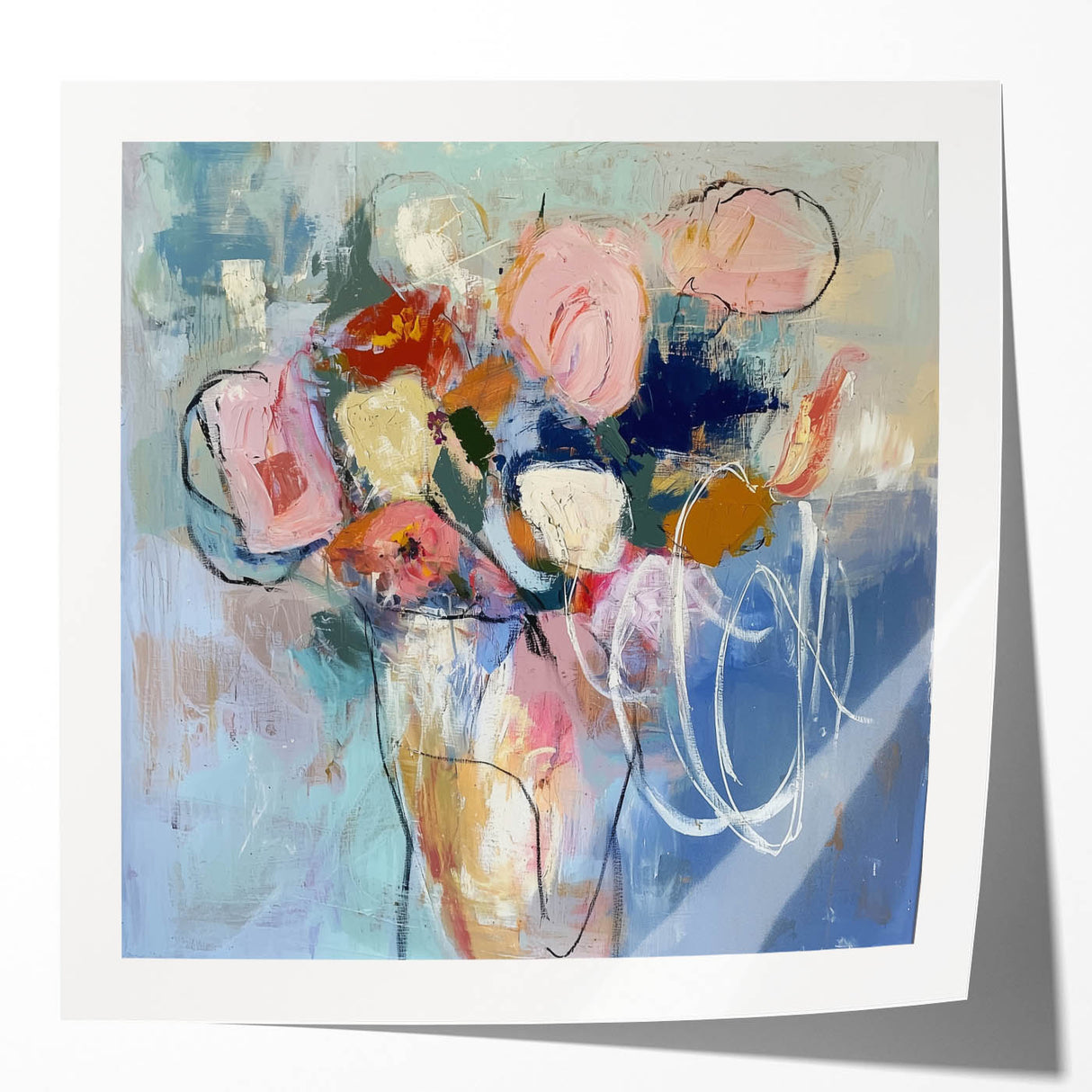 Abstract floral wall art print displayed in a glossy finish, showcasing vibrant colors and intricate patterns, ideal for modern home decor. The design features a blend of pink, blue, and green hues that create a calming atmosphere. Perfect for enhancing living spaces or as a unique gift.