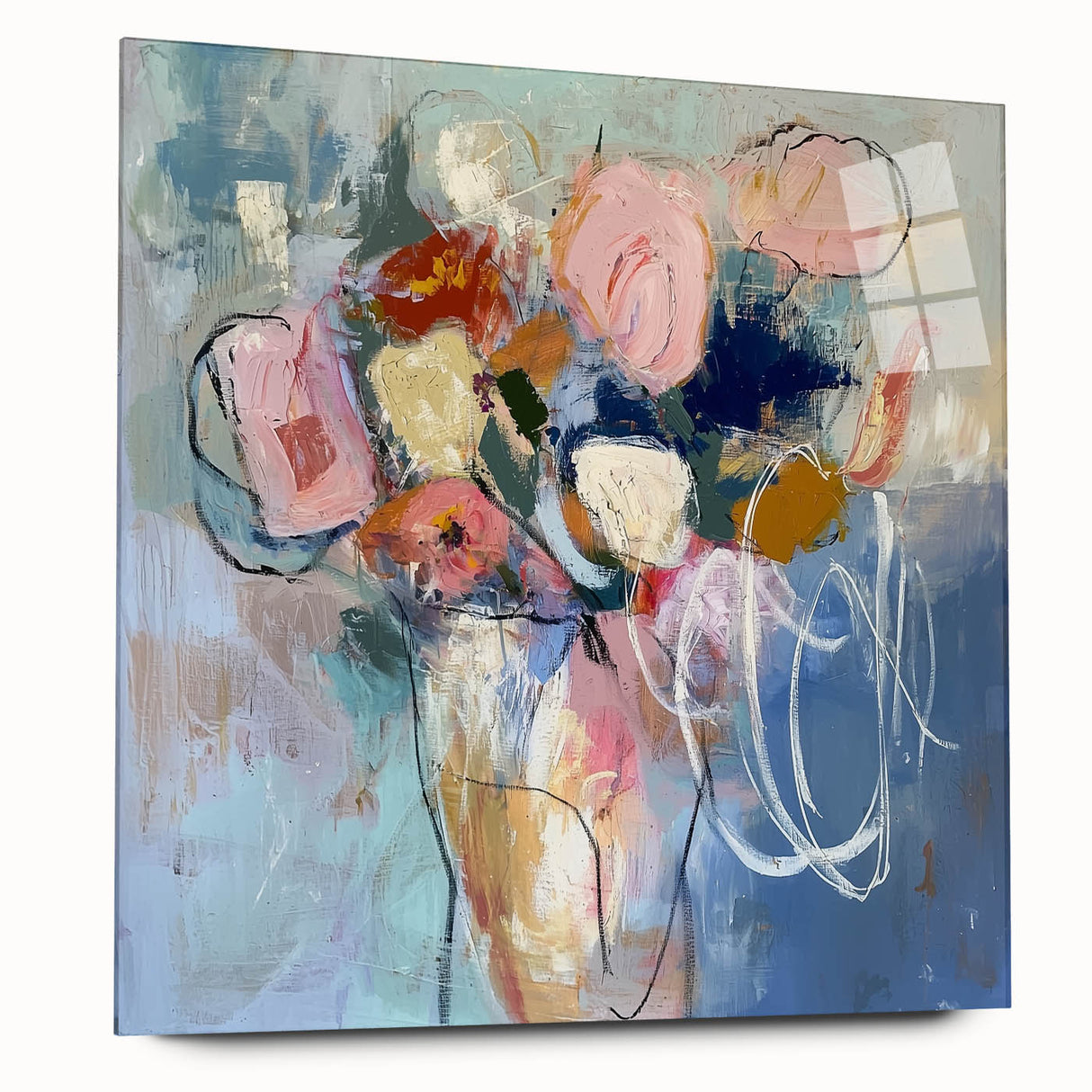 Abstract floral acrylic wall art displayed in a sleek glass frame, showcasing vibrant colors and intricate details, perfect for modern home decor.