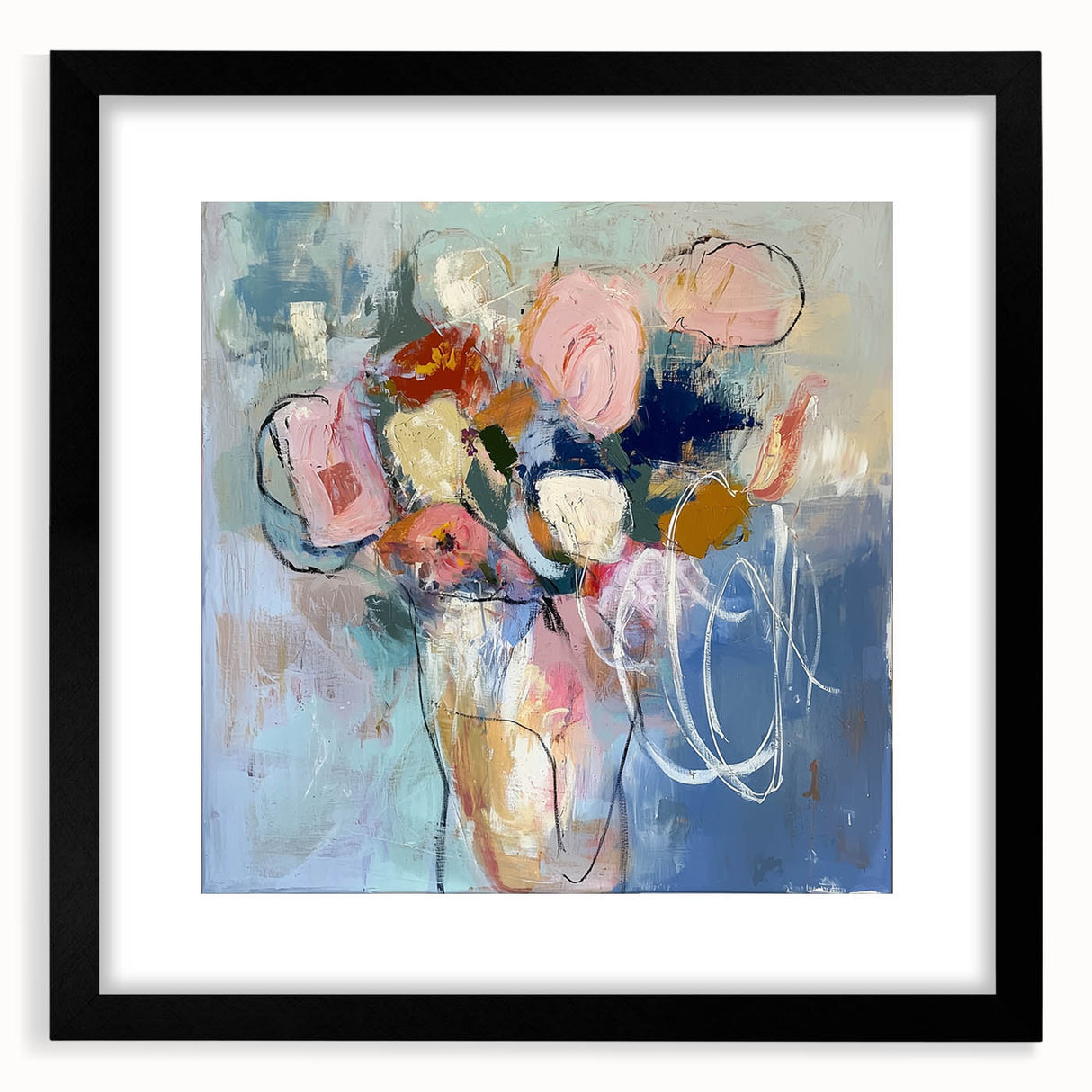 Abstract floral wall art frame with a black mat, showcasing vibrant colors and intricate designs, perfect for modern home decor accents.