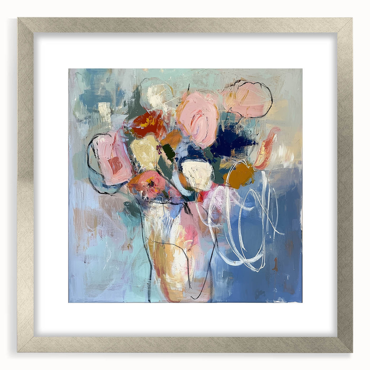 Abstract floral frame with a silver mat, showcasing vibrant colors and intricate designs, ideal for home decor or art displays. Perfect for adding elegance to any room.