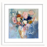 Abstract floral frame with a white mat, showcasing vibrant colors and intricate designs, perfect for modern home decor or art displays.