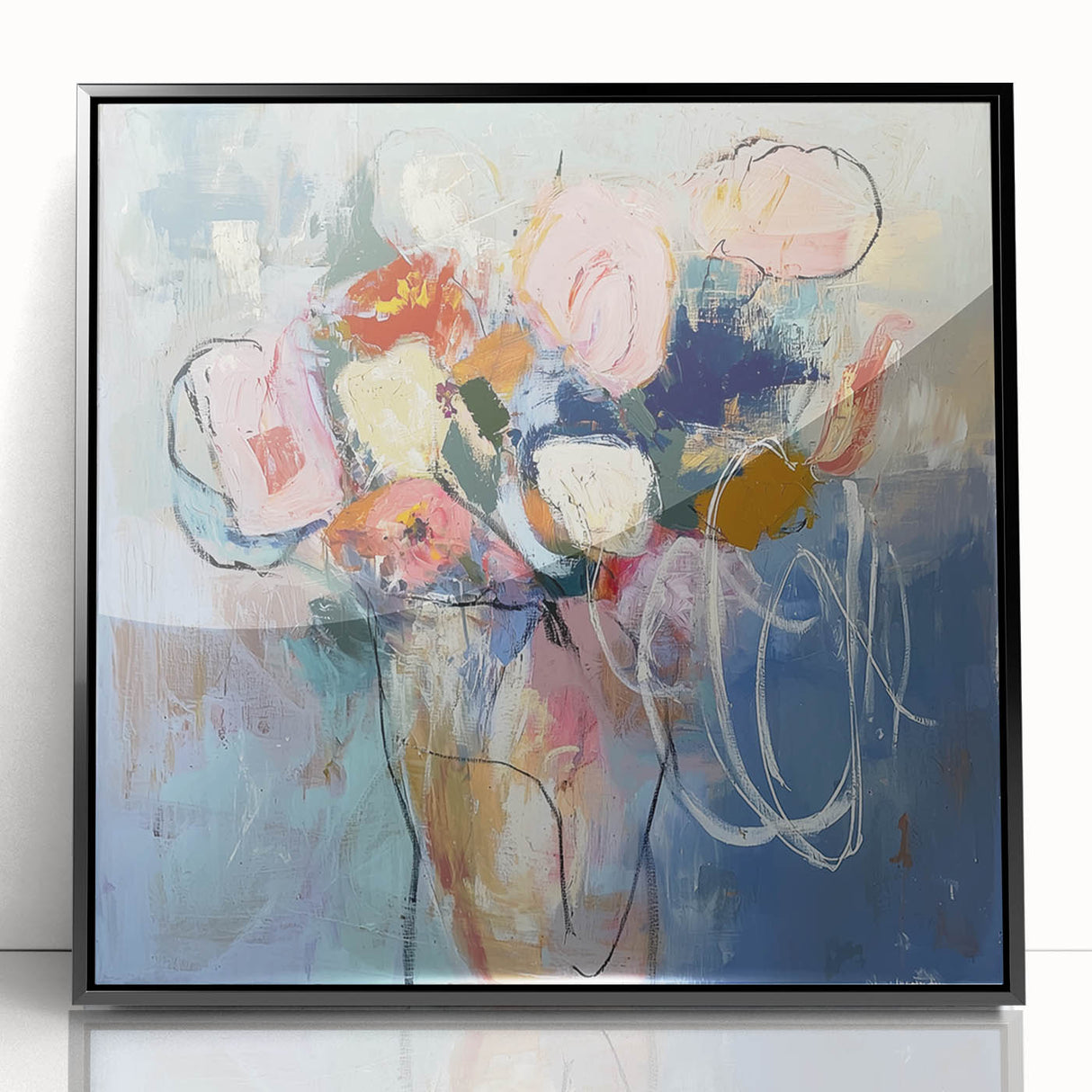 Framed acrylic artwork showcasing vibrant abstract floral design in black, ideal for modern home decor. Adds elegance and color to any room setting.