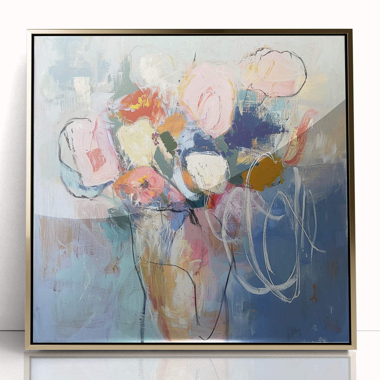 Framed abstract floral artwork in vibrant colors, featuring delicate gold accents and a sleek acrylic finish, ideal for modern home decor and wall styling.