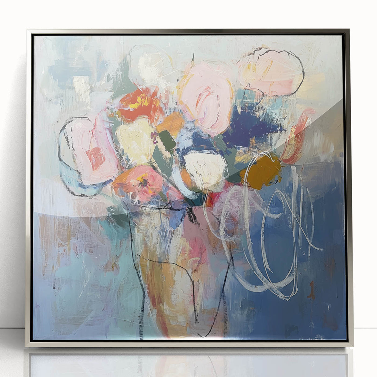 Framed acrylic artwork showcasing an abstract floral design in vibrant colors, set in a sleek silver frame, ideal for modern home decor accents.