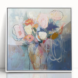 Framed abstract floral artwork in vibrant colors, showcasing delicate blooms against a white background, ideal for modern home decor and art enthusiasts.