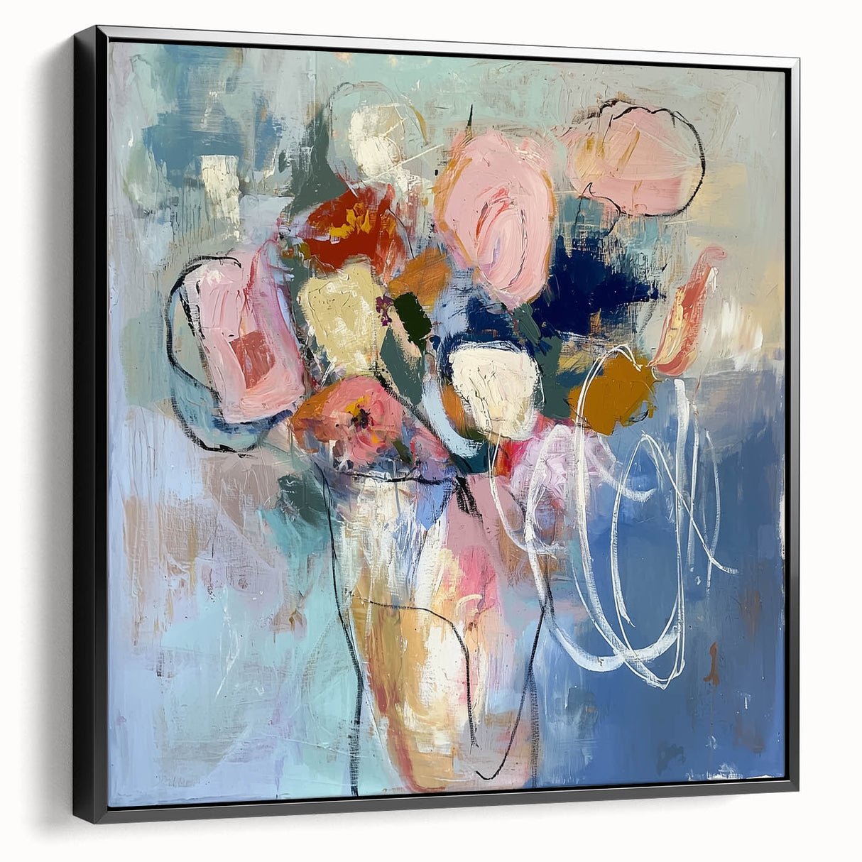 Framed canvas artwork displaying an abstract floral design with vibrant colors, showcasing a black frame from a side view, perfect for modern home decor.