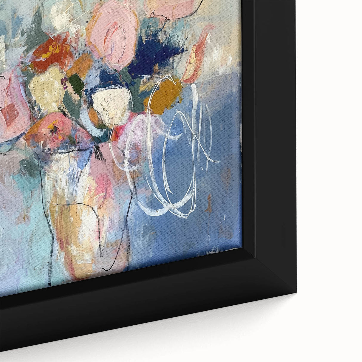 Close-up of an abstract floral framed canvas artwork, showcasing vibrant colors and intricate details, perfect for enhancing modern home decor aesthetics.