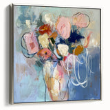 Abstract floral design framed canvas artwork showcasing vibrant colors and intricate patterns, displayed in a sleek silver frame, perfect for modern decor.