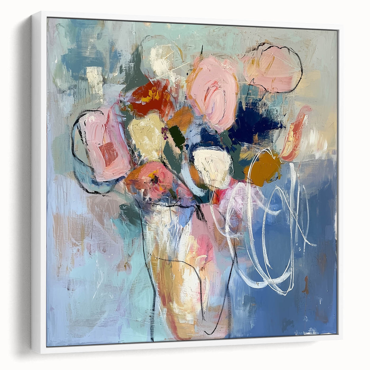 Framed abstract floral canvas artwork showcasing vibrant colors and intricate patterns, presented from a white side view, perfect for modern home decor.