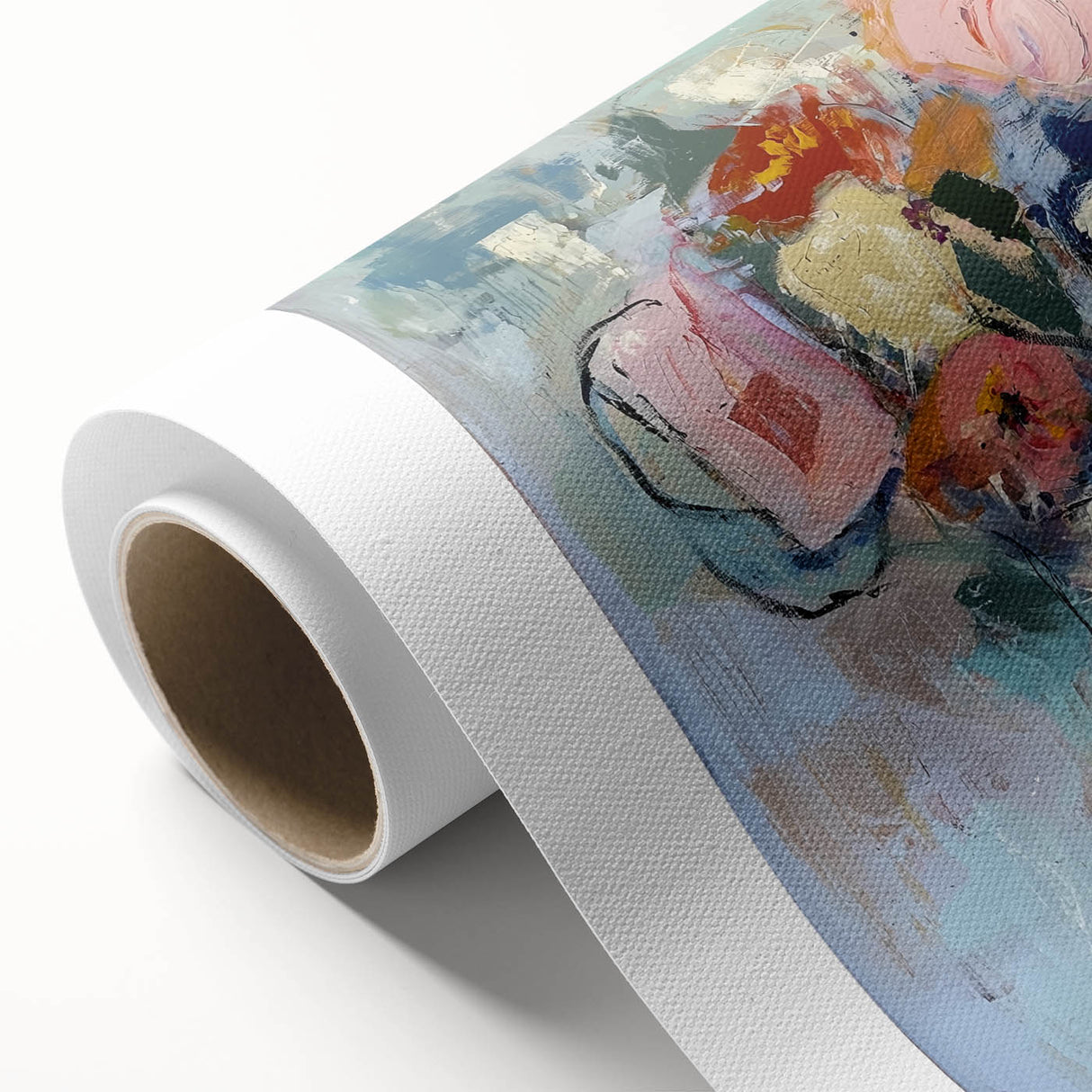 Vibrant abstract floral design on rolled canvas, showcasing bold colors and intricate patterns, ideal for home decor or art enthusiasts, packaged securely in a sturdy tube.