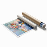 Vibrant abstract floral print on rolled canvas featuring bold colors and intricate patterns, ideal for modern home decor or artistic display. Perfectly packaged in a protective cardboard tube for safe shipping.