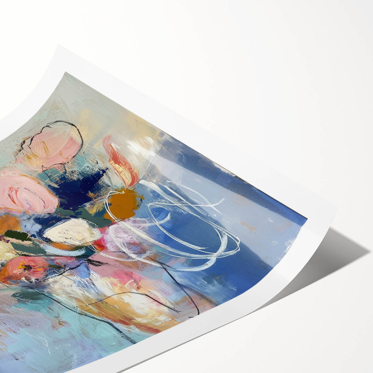 Abstract floral print on rolled canvas showcasing vibrant colors and intricate patterns, elegantly packaged in a protective cardboard tube for easy transport. Ideal for home decor enthusiasts looking to add a modern touch to their space.
