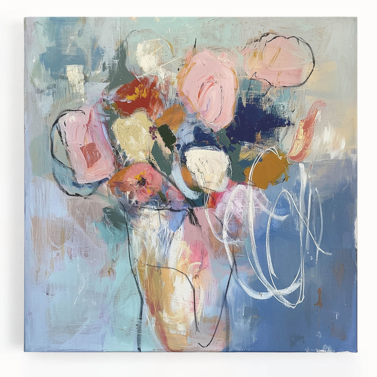 Vibrant abstract floral stretched canvas artwork displayed against a neutral background, showcasing intricate designs in shades of pink, blue, and green, perfect for modern home decor.