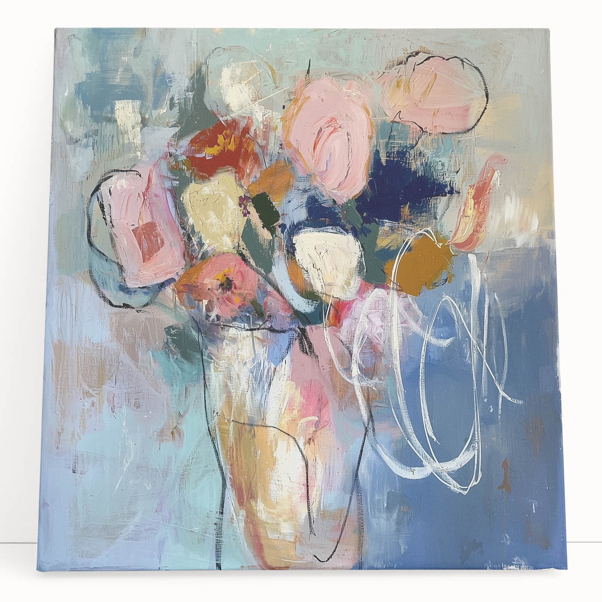 Abstract floral stretched canvas artwork featuring vibrant colors and intricate patterns, elegantly leaning against a neutral background for a modern decor touch. This piece enhances interior aesthetics with its lively design, perfect for contemporary spaces.
