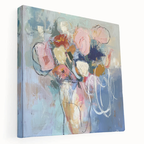 Abstract floral stretched canvas artwork showcasing vibrant colors and intricate patterns, viewed from the side. Ideal for modern home decor, this piece adds a contemporary touch to any space.