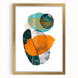 Abstract minimalist wall art framed in gold, featuring soft pastel colors and geometric shapes, designed to enhance modern interior decor with elegance.