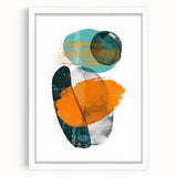 Abstract minimalist wall art framed with a white mat, showcasing a geometric design in soft pastel colors, ideal for modern home decor or office spaces.