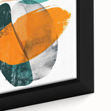 Close-up view of a framed abstract minimalist wall art piece showcasing soft pastel colors and geometric shapes, perfect for modern home decor.