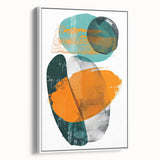 Framed abstract minimalist wall art in a sleek white frame, showcasing dynamic geometric shapes and soft pastel colors, perfect for modern home decor.