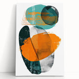 Abstract minimalist wall art on stretched canvas, featuring a blend of soft pastel colors and geometric shapes, leaning against a neutral wall, ideal for modern decor.