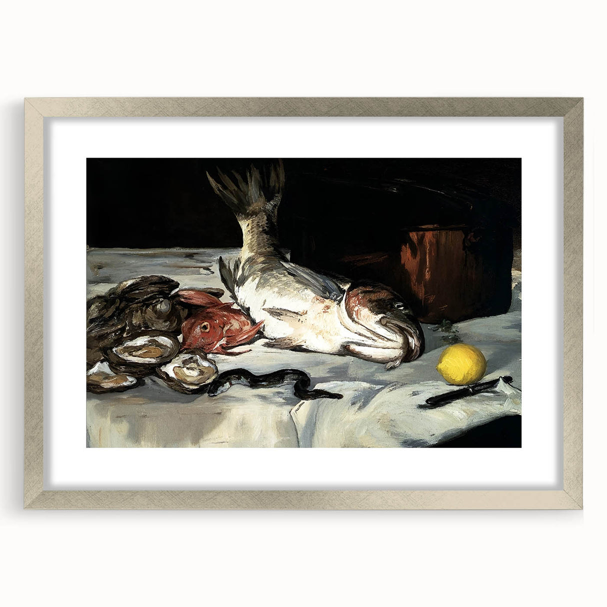 Textured abstract art print in muted gray and blue tones, framed in silver, ideal for modern bedroom ambiance.